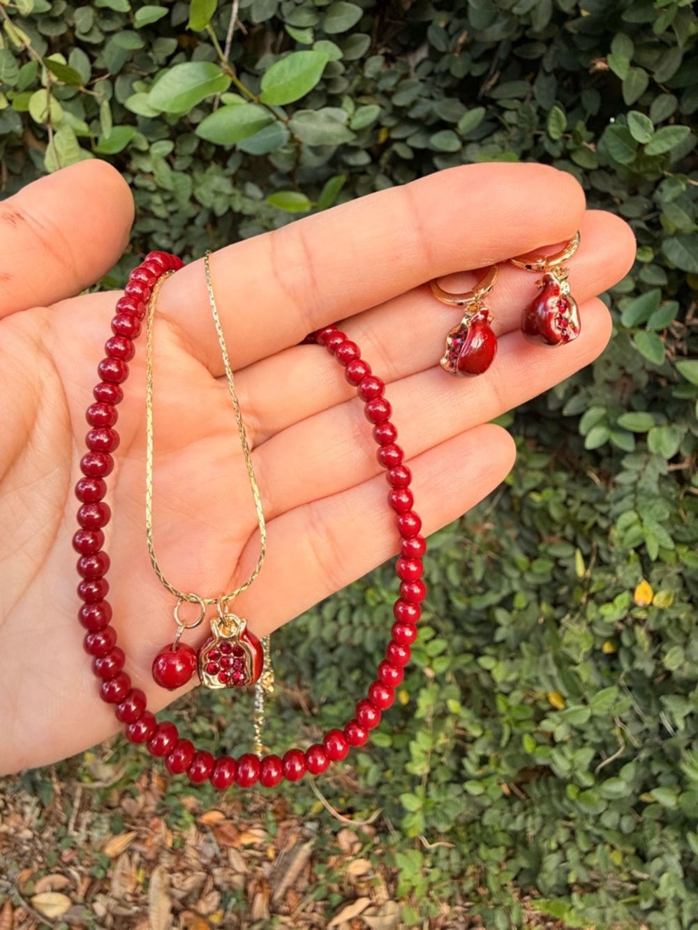 Red Beaded Necklace and Earrings Set Jewelry Set